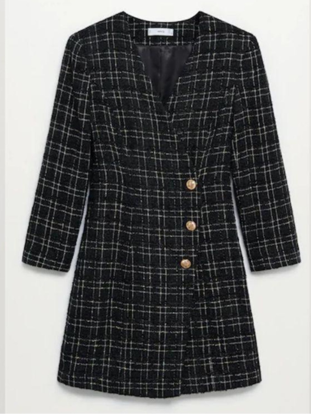 Mango Black Plaid Tweed Blazer Dress with Gold Buttons